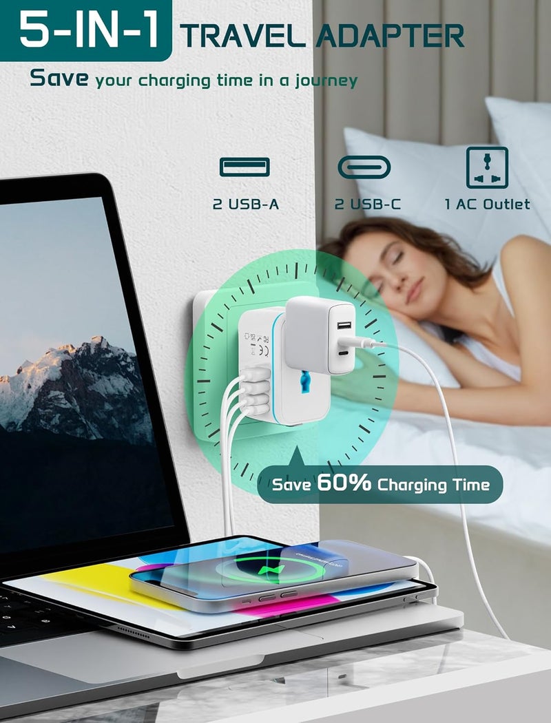 TECSIX Universal Travel Adapter Worldwide, European Travel Plug Adapter with 2 USB C, 2 USB A and Multi AC Outlets, International Power Adaptor for EU US UK AUS 200+ Countries Type A C G I - Image 5